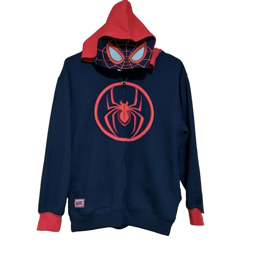 Marvel Spider-Man Mens XL Black Red Embroidered Full Zip Fleece Mask Hoodie